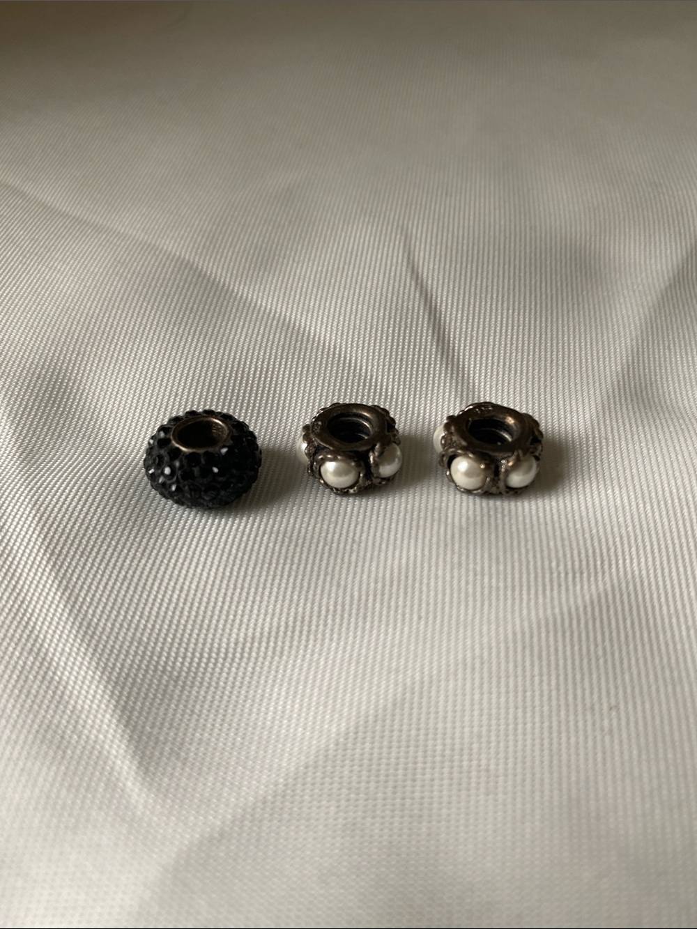 925 sterling silver Black Crystal & 2 Pearl Accent Charm Beads - Set of 3